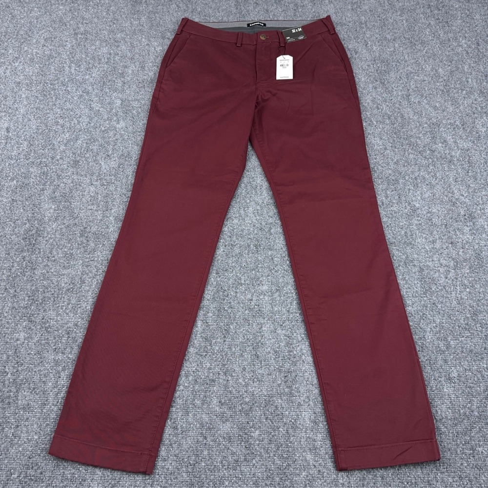 NEW Express Chino Pants Mens‎ 32x34 Red Slim Hyper Stretch Temperature Control